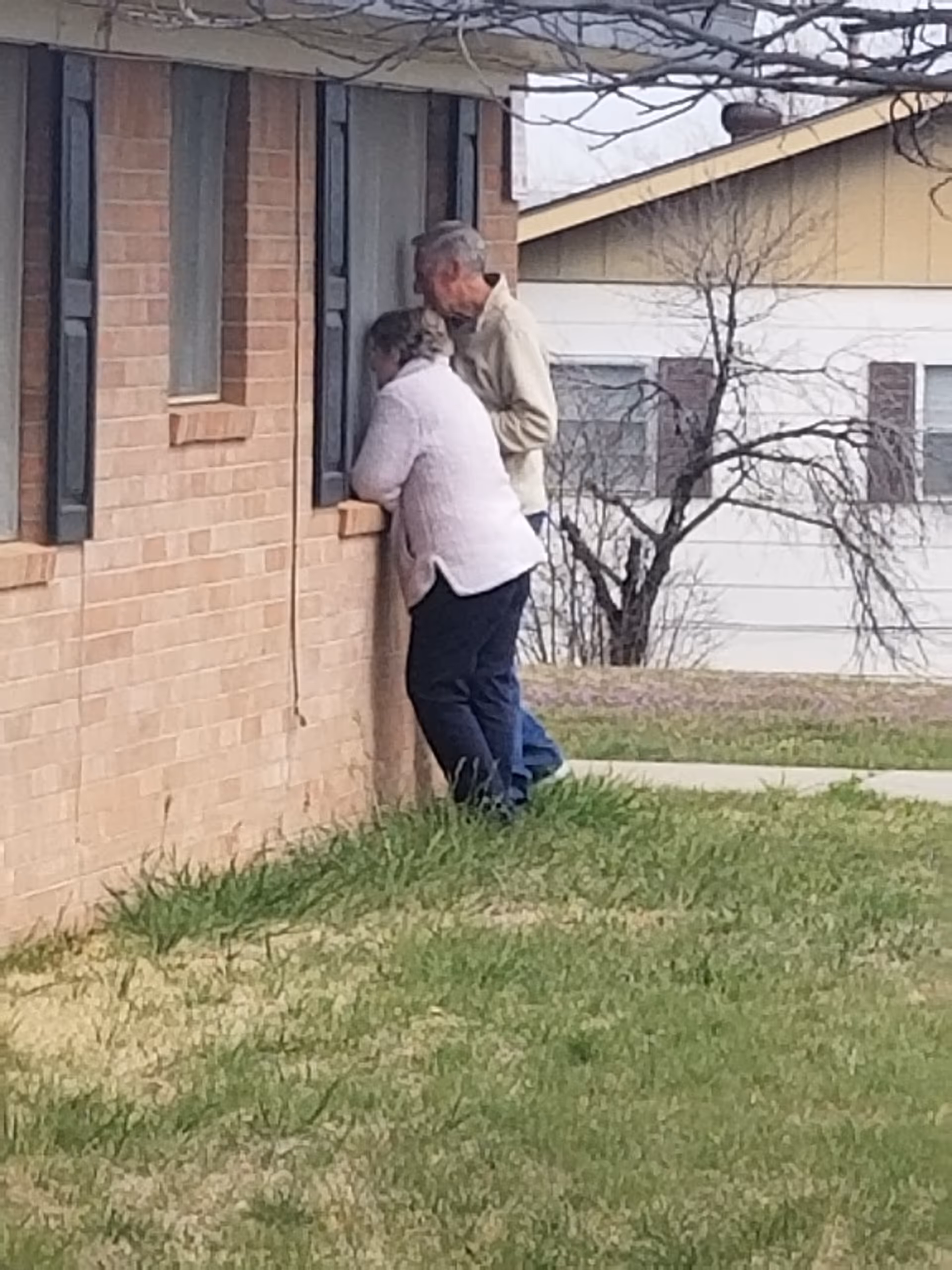 Two elderly people, a man and a woman, are standing outside a brick building looking through a window. The surrounding area has grass and another house is visible in the background.