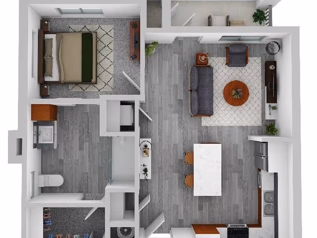 Top-down view of a one-bedroom apartment floor plan showing a bedroom with a bed and nightstands, a bathroom with a toilet, sink, and shower, a living room with a sofa, armchair, coffee table, and TV stand, and a kitchen with an island, stools, refrigerator, stove, and sink.