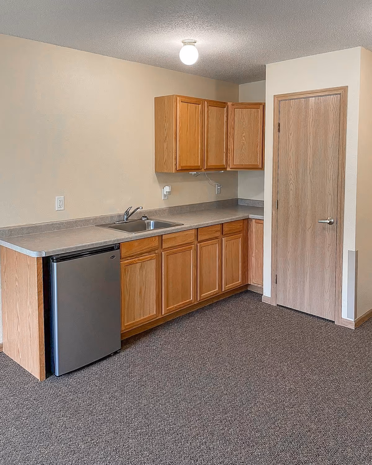 A small kitchenette area with wooden cabinets, a stainless steel sink, a mini refrigerator, and a closed wooden door. The walls are beige and the floor is carpeted in a dark color. A single round ceiling light is turned on.