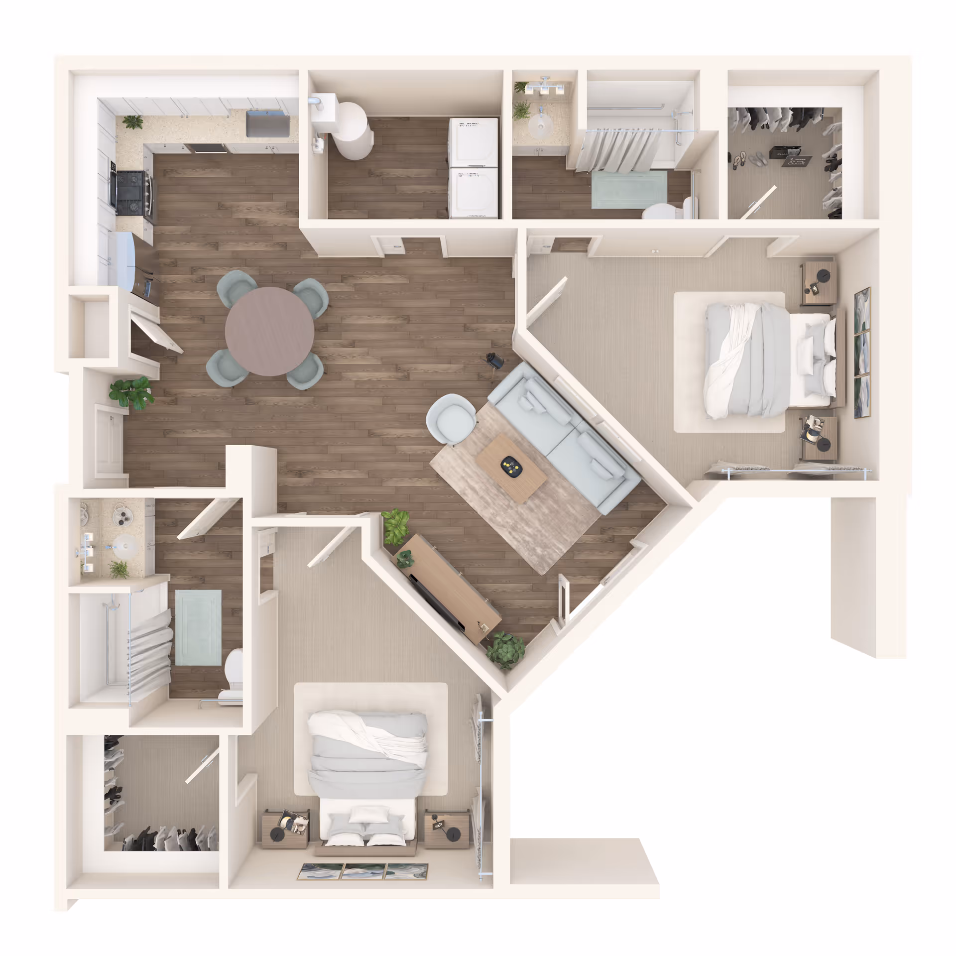 3D overhead floor plan of a two-bedroom apartment showing a living room, open kitchen with dining area, two bedrooms, two bathrooms, and closets.