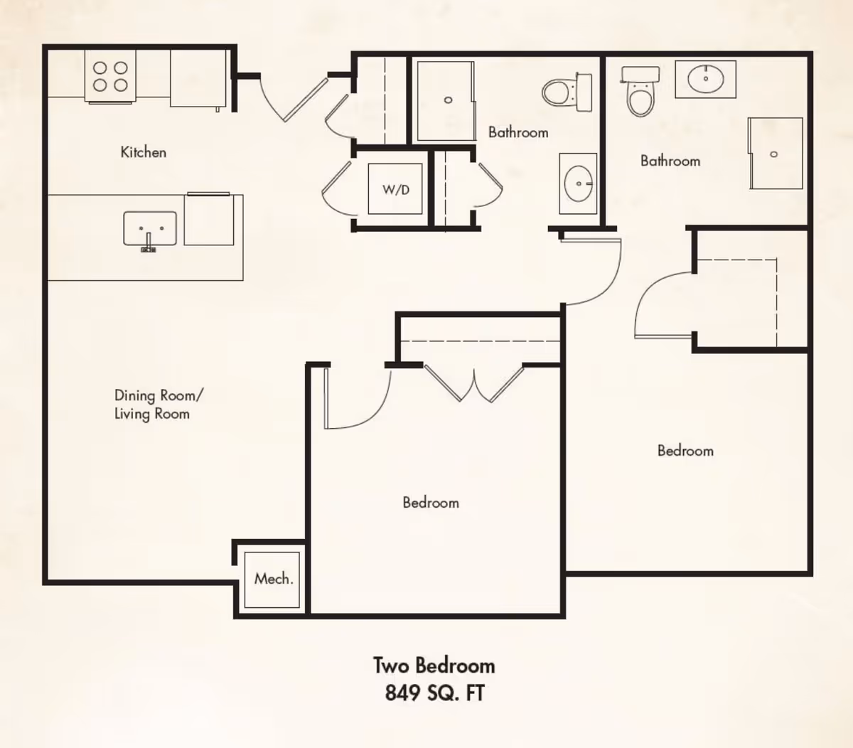 Floor plan of a two-bedroom apartment with 849 square feet, showing a kitchen, dining room/living room, two bedrooms, two bathrooms, a washer/dryer area, and a mechanical room.