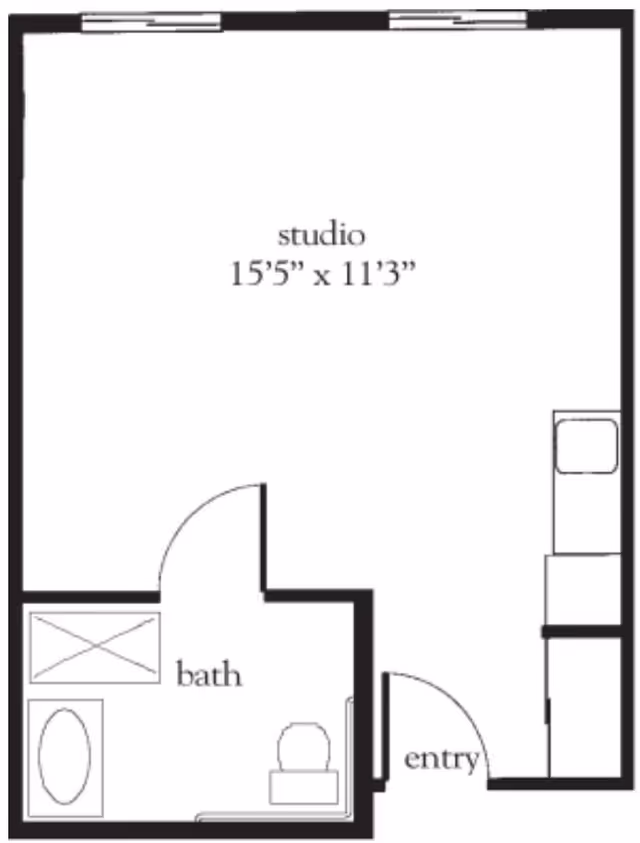 Floor plan of a studio apartment measuring 15 feet 5 inches by 11 feet 3 inches, featuring an entryway, a bathroom with a bathtub and toilet, and a main living area.