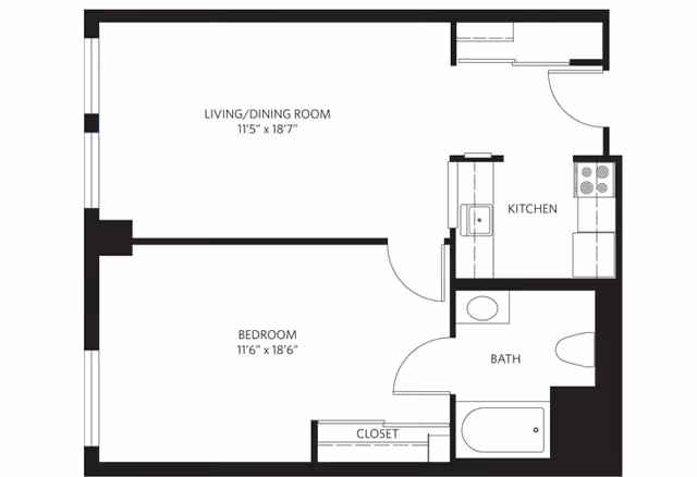 Floor plan of a residential unit showing a living/dining room, bedroom, kitchen, bathroom, and closet. The living/dining room measures 11'5" by 18'7", the bedroom measures 11'6" by 18'6", and the layout includes a kitchen with a stove and sink, a bathroom with a bathtub and toilet, and a closet adjacent to the bedroom.