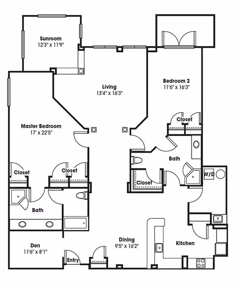 Architectural floor plan of a residential unit at Parc at Duluth, GA, showing labeled rooms including a sunroom, living room, master bedroom with closets and bath, second bedroom with closet, additional bath, den, dining area, kitchen, entry, and washer/dryer area.