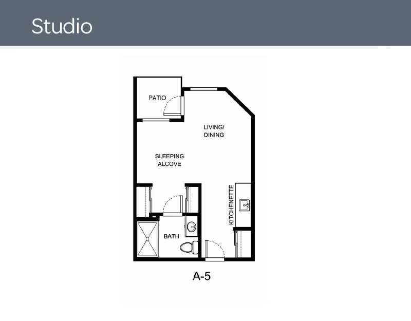 Floor plan of a studio apartment labeled A-5 with a patio, living/dining area, sleeping alcove, kitchenette, and bathroom.