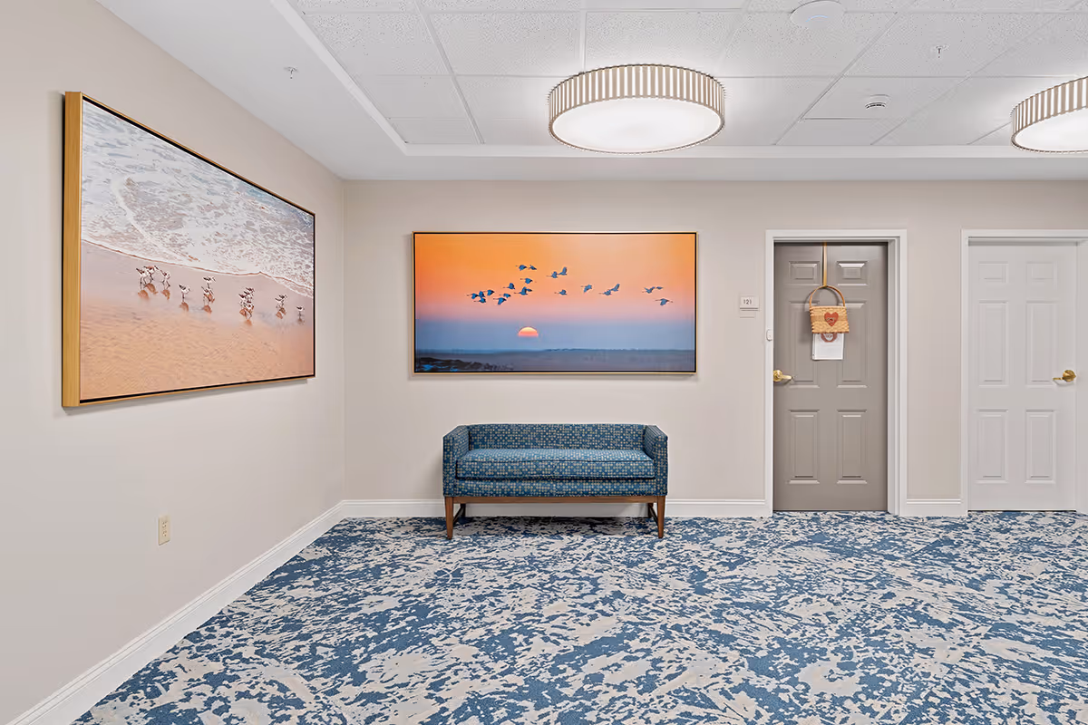 Interior hallway with two framed pictures on the walls, one depicting birds on a beach and the other a sunset with flying birds. A blue patterned bench is placed against the wall beneath the sunset picture. The floor is covered with a blue and white patterned carpet, and there are three doors, one gray with a hanging basket decoration and two white doors with gold handles. The ceiling has recessed lighting and two round ceiling lights.