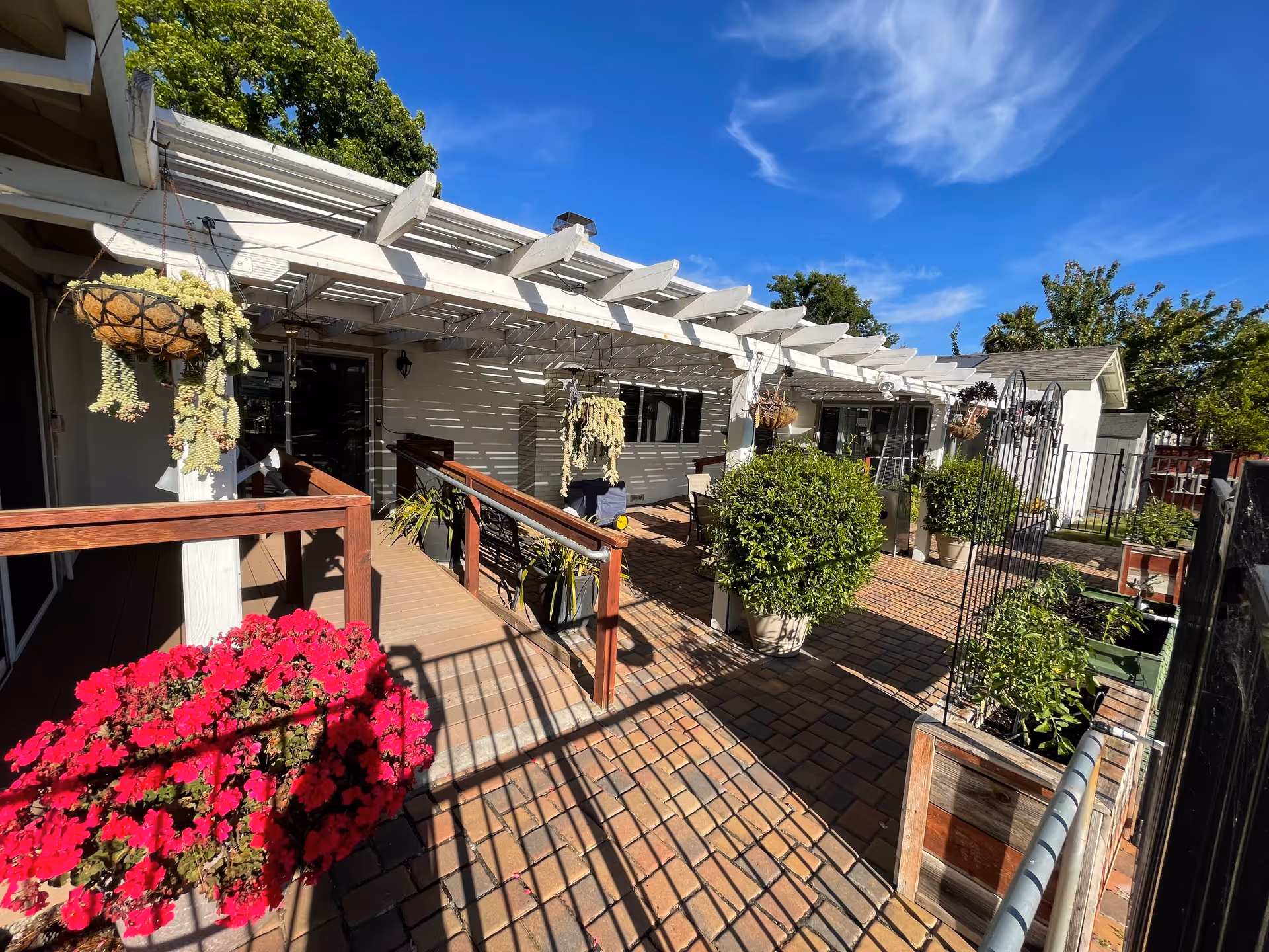 Outdoor patio area with brick flooring, white pergola, hanging flower baskets, potted plants, and a wooden ramp with railings leading to a building entrance under a clear blue sky.