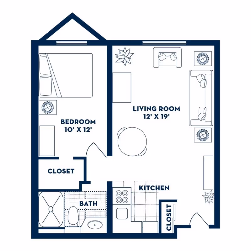 Floor plan of a one-bedroom apartment showing a bedroom measuring 10 by 12 feet, a living room measuring 12 by 19 feet, a kitchen, a bathroom, and two closets. The living room contains seating furniture and plants, and the bedroom has a bed and a nightstand.