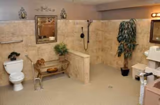 Accessible bathroom with toilet, sink, shower area, bench, and potted plants.