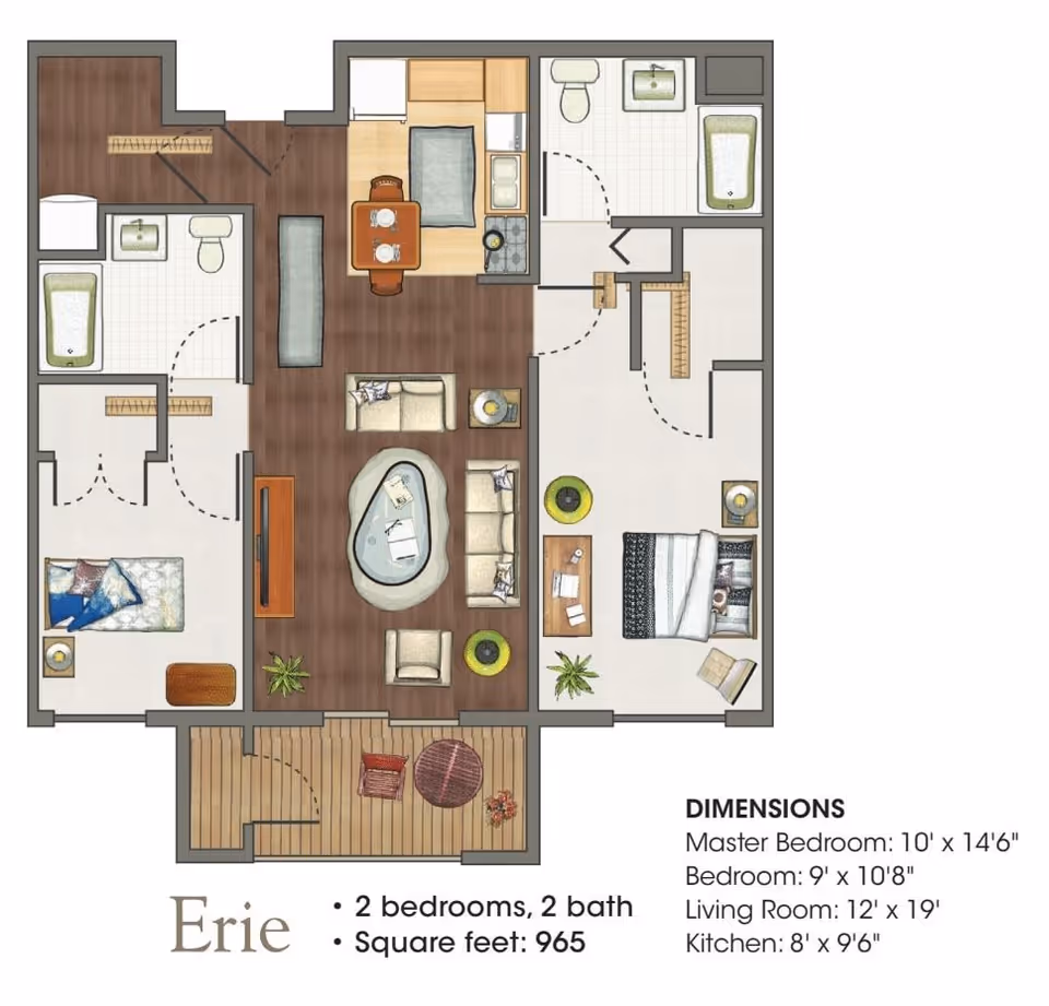 Floor plan of Erie apartment at Marycrest showing 2 bedrooms, 2 bathrooms, a living room, kitchen, and a balcony. The layout includes a master bedroom with attached bathroom, a second bedroom, a second bathroom, a kitchen with dining area, and a living room with seating and a TV. Dimensions and total square footage of 965 are noted.