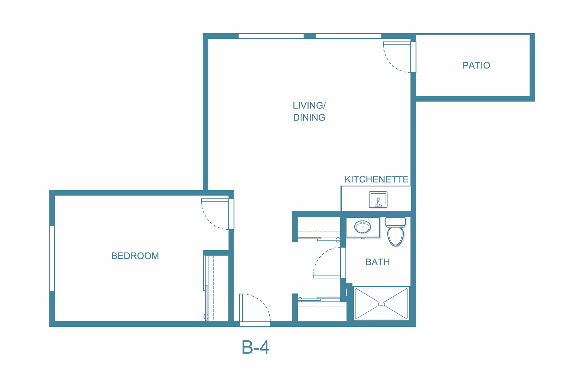 Floor plan labeled B-4 showing a one-bedroom layout with a living/dining area, kitchenette, bathroom, and patio.
