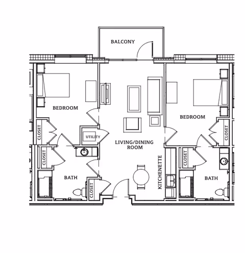 Architectural floor plan of a two-bedroom apartment featuring a balcony, a combined living and dining room, a kitchenette, two bathrooms, multiple closets, and a utility area.