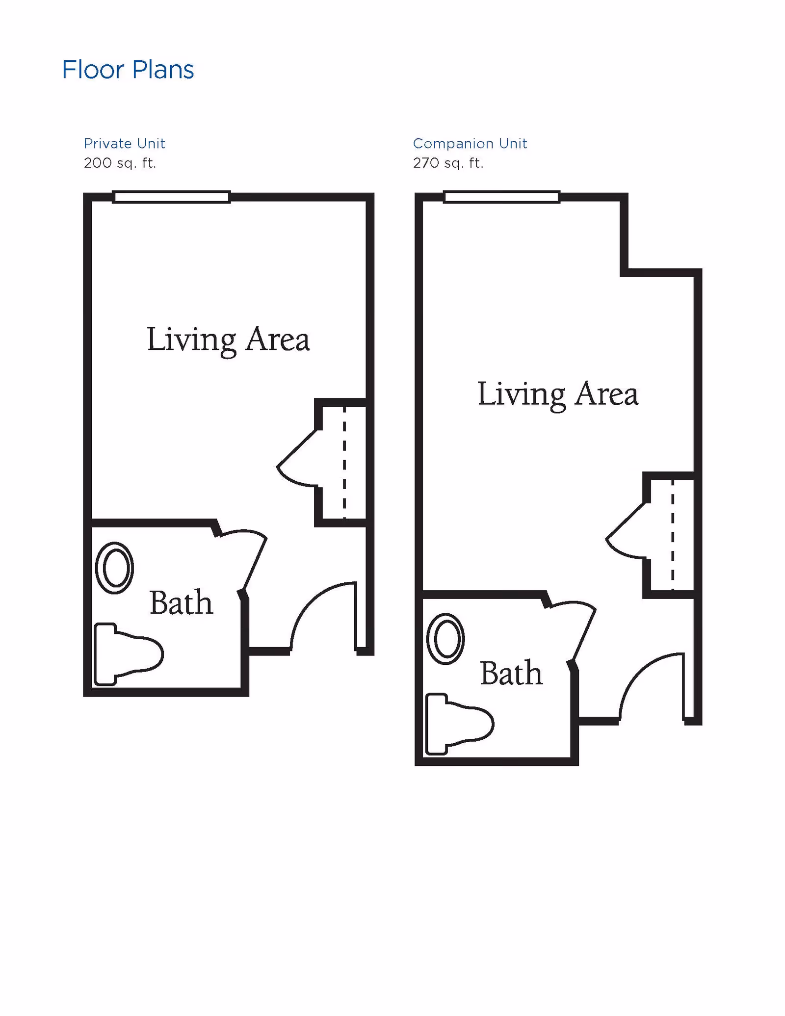 Floor plans for two types of units at Brookdale W. Eisenhower Pkwy. The Private Unit is 200 sq. ft. and includes a living area and a bathroom. The Companion Unit is 270 sq. ft. and also includes a living area and a bathroom, with a slightly different layout.