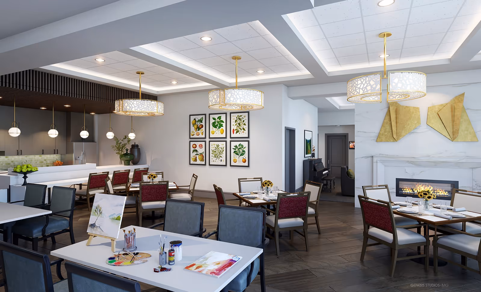 Bright communal dining and activity room with tables and chairs, a fireplace, artwork, and an open kitchen bar.