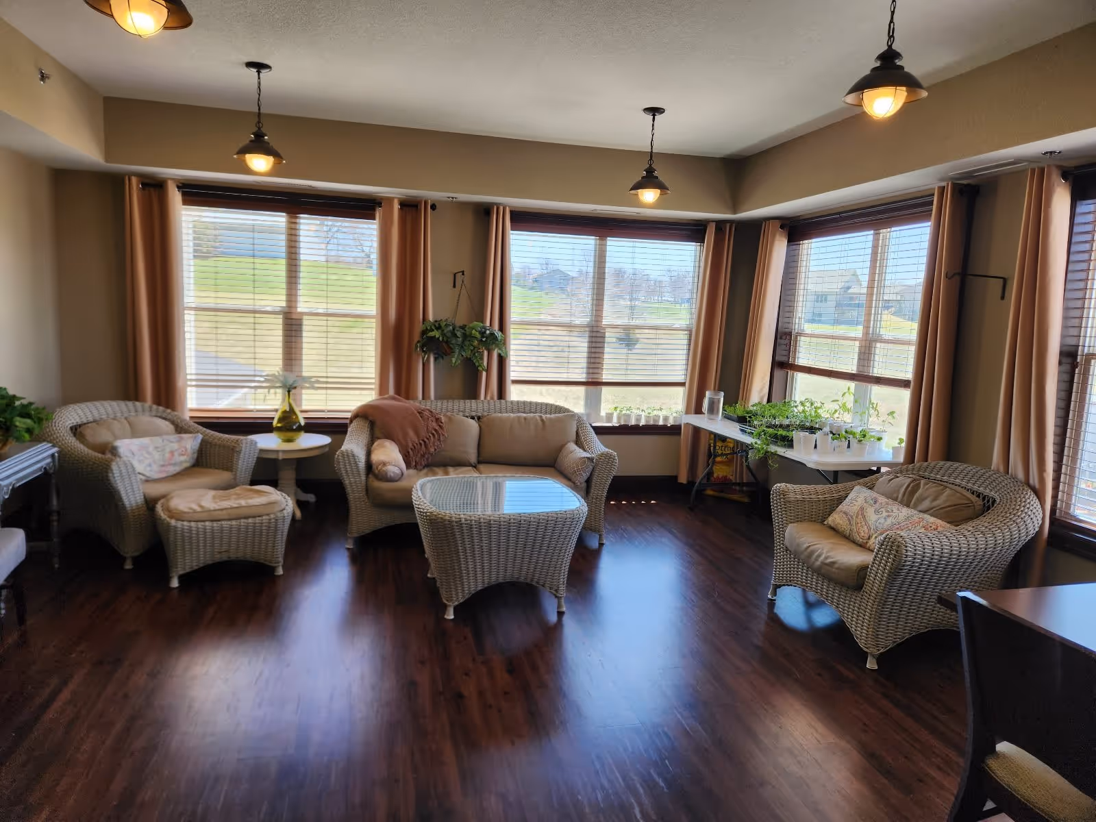 A cozy living room area with wicker furniture including a loveseat, two armchairs, and a glass-top coffee table. The room has large windows with beige curtains and wooden blinds, allowing natural light to fill the space. There are several hanging pendant lights on the ceiling and a table with various small potted plants near the windows. The floor is dark wood, and the walls are painted a warm beige color.