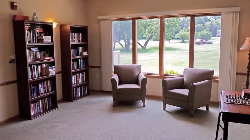 A cozy room with two armchairs positioned near a large window overlooking a green lawn with trees. To the left, there are two tall bookshelves filled with books and a small lamp on top of one. On the right side, there is a wooden table with a chessboard and a lamp with a beige lampshade.