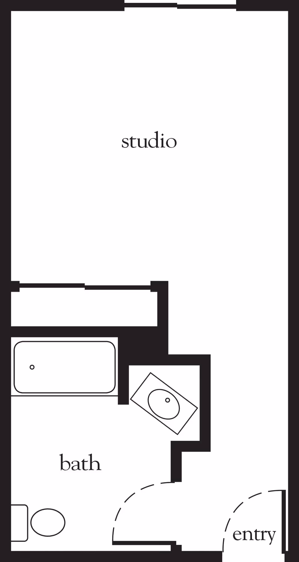 Floor plan of a studio apartment with an entry area, a combined studio living space, and a bathroom that includes a bathtub, toilet, and sink.