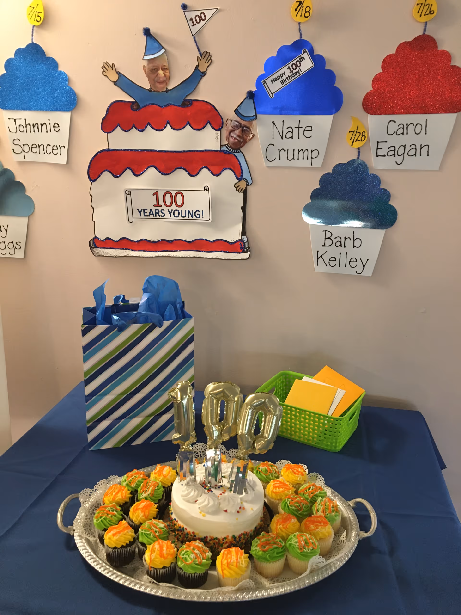 A birthday celebration setup with a tray of cupcakes and a small cake decorated with '100' balloon numbers on a blue tablecloth. Behind the table, a wall display features colorful cupcake cutouts with names and birthday dates, and a large paper cake with photos of two elderly people wearing party hats, celebrating 100 years young.