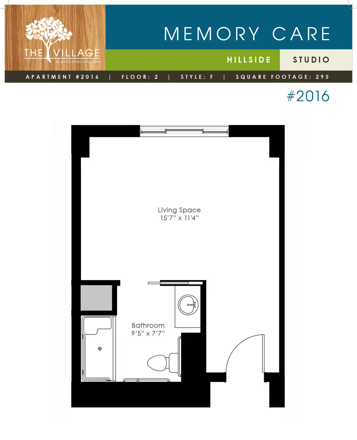 Graphic floor plan for The Village at White River Junction Memory Care studio apartment #2016 showing living space and bathroom dimensions.