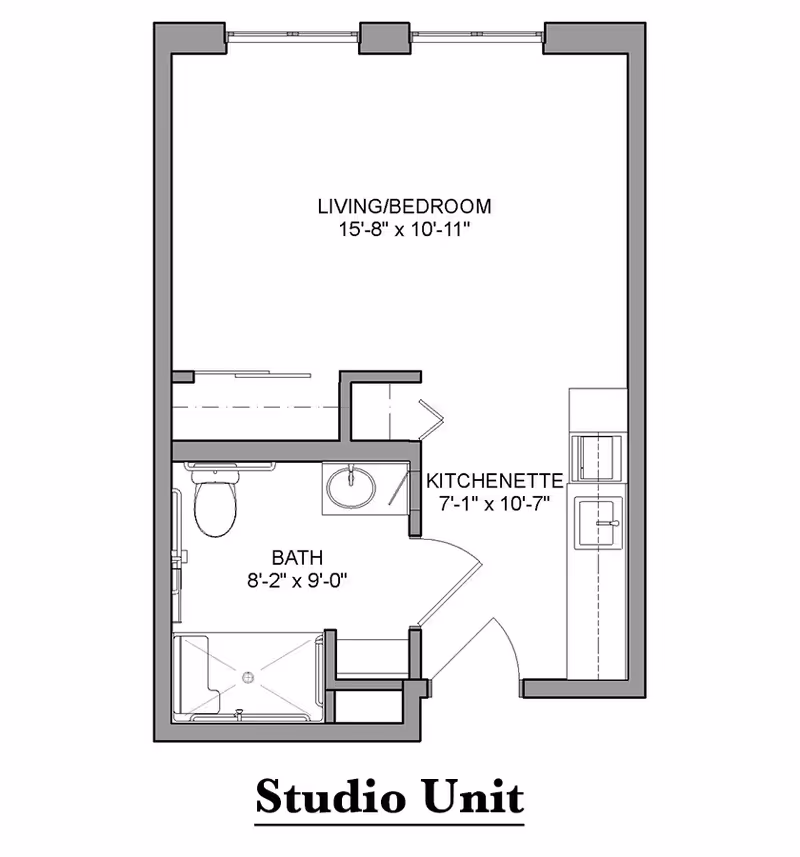 Floor plan of a studio unit at Heritage Woods of Noblesville showing a combined living and bedroom area measuring 15 feet 8 inches by 10 feet 11 inches, a kitchenette measuring 7 feet 1 inch by 10 feet 7 inches, and a bathroom measuring 8 feet 2 inches by 9 feet with a toilet, sink, and shower.
