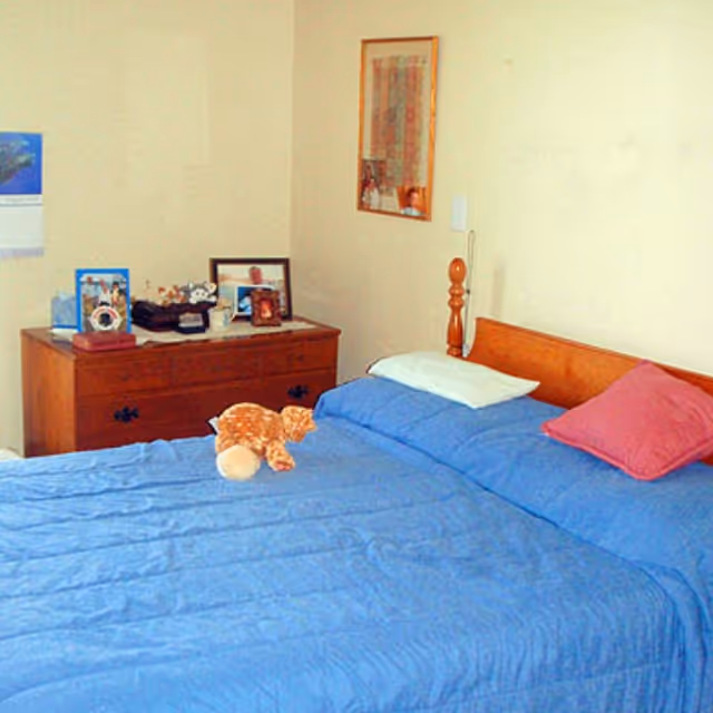 A bedroom with a wooden bed frame and a blue bedspread, two pillows (one white and one pink), and a stuffed animal on the bed. There is a wooden dresser with framed photos and other small items on top, and a framed picture hanging on the wall above the bed.