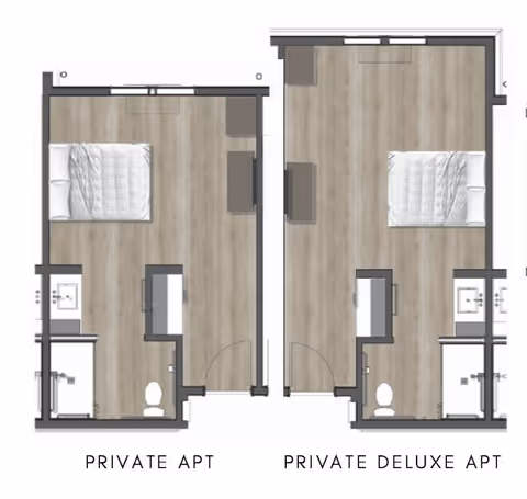 Floor plan layout showing two types of apartments labeled Private Apt and Private Deluxe Apt. Each apartment includes a bedroom with a bed, a bathroom with a toilet and shower, and a small kitchenette area.