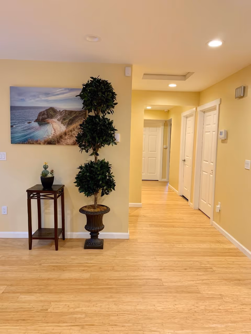 Interior hallway of a senior care facility with light yellow walls and wooden flooring. There is a tall potted plant with three green leafy spheres and a small wooden table with a small plant on it. A large landscape photograph of a coastal scene hangs on the wall. Several white doors line the hallway, and recessed ceiling lights illuminate the space.