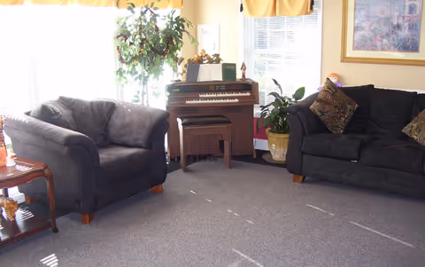 A cozy living room area with two dark upholstered sofas, a wooden side table with decorative items, a small organ with a bench, and several potted plants near windows with blinds and a yellow valance. A framed picture hangs on the wall.