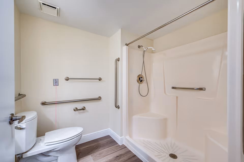 A clean and accessible bathroom featuring a white toilet with a closed lid, multiple stainless steel grab bars on the walls, and a walk-in shower with a built-in seat and handheld showerhead. The floor has wood-like vinyl flooring and the walls are painted a light beige color.