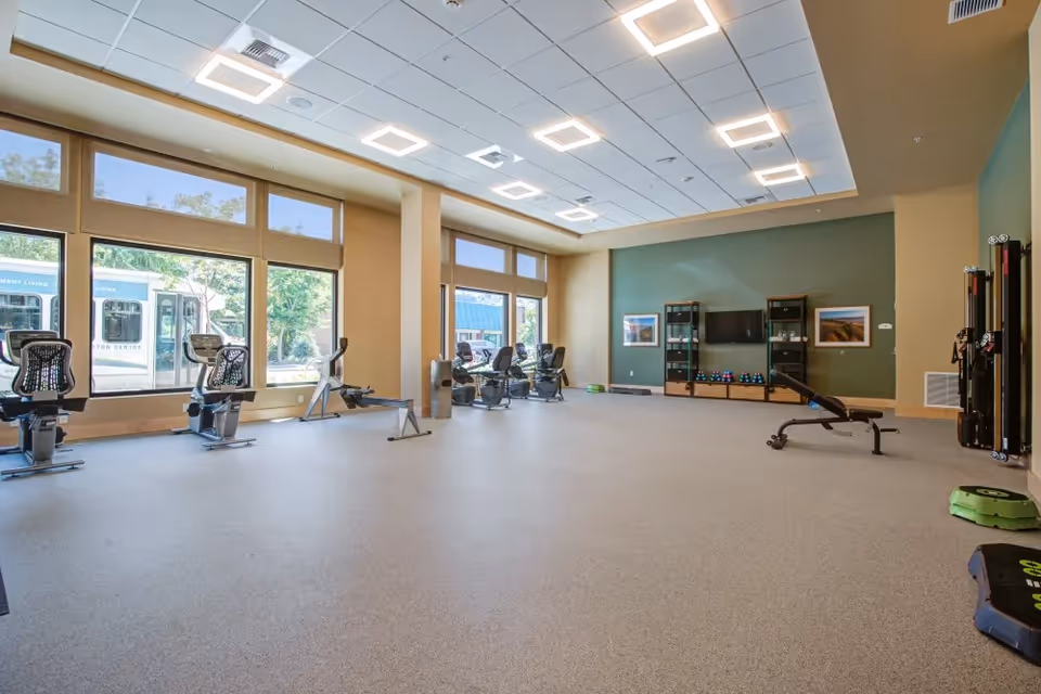 A spacious fitness room with large windows letting in natural light. The room contains exercise bikes, a rowing machine, a weight bench, dumbbells, and other fitness equipment. The walls are painted in neutral tones with a green accent wall featuring a mounted TV and framed pictures.