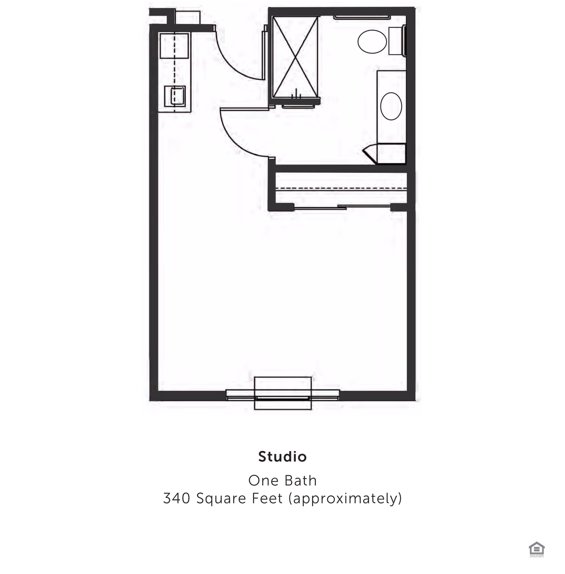 Architectural floor plan of a studio apartment with one bathroom, approximately 340 square feet. The layout shows an entry door leading to a small kitchen area, a bathroom with a shower, toilet, and sink, and an open living/sleeping space with a closet.