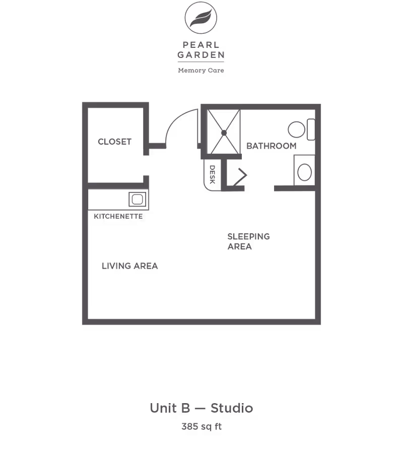Floor plan of a studio unit labeled Unit B at Pearl Garden Memory Care, showing a living area with kitchenette, sleeping area, closet, bathroom, and a desk. The total area is 385 square feet.
