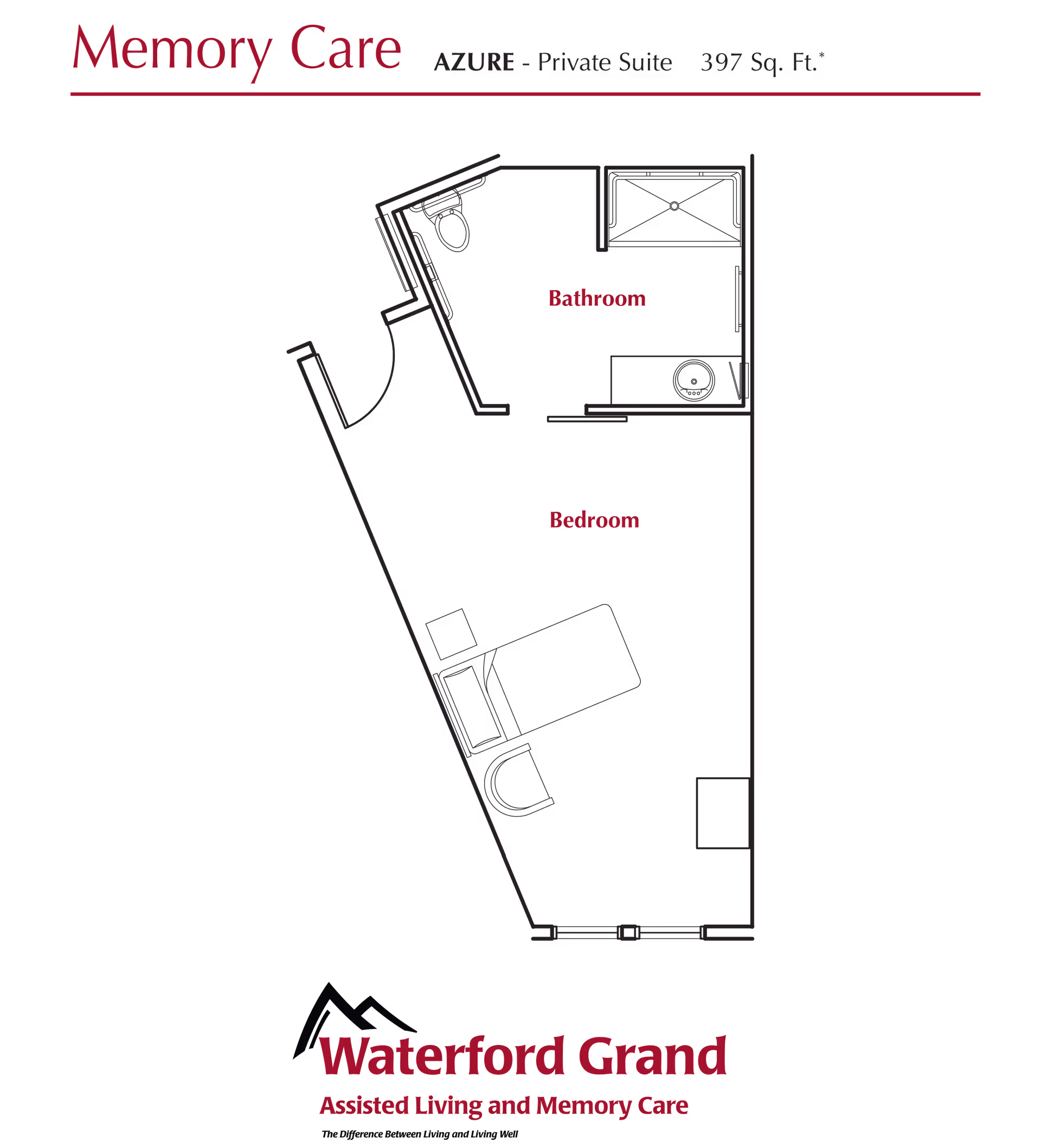 Floor plan of a Memory Care private suite named AZURE at Waterford Grand, showing a bedroom area with a bed and chair, and a bathroom with a toilet, sink, and shower. The suite is 397 square feet.