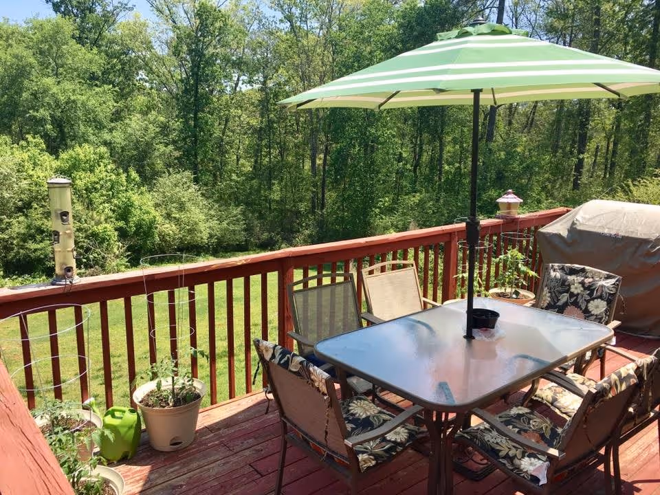 Outdoor wooden deck with a glass-top table surrounded by six chairs with floral cushions. A green and white striped umbrella is positioned over the table. Several potted plants and a green watering can are placed along the deck railing. A covered grill is visible on the right side. The deck overlooks a grassy yard and dense green trees in the background.