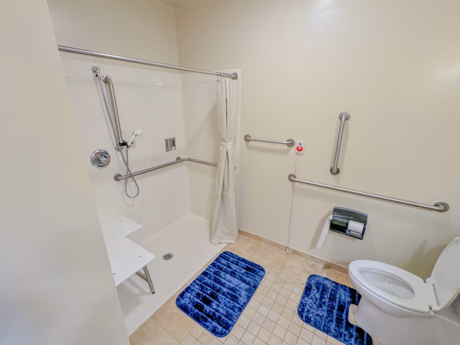 Accessible bathroom with a walk-in shower featuring a handheld showerhead and grab bars, a white shower curtain, a white toilet with grab bars on the walls, and two blue bath mats on the tiled floor.