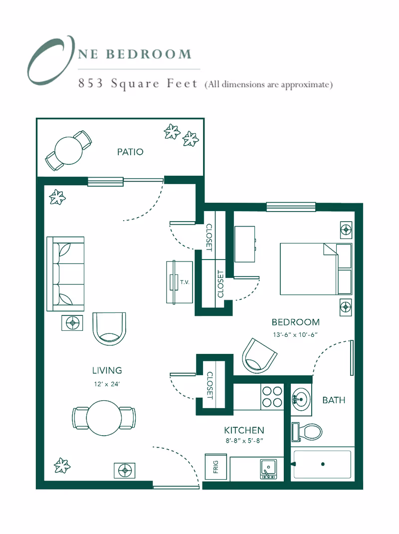 Architectural floor plan of a one-bedroom, 853 square-foot apartment showing a living room, kitchen, bedroom, bathroom, closets, and a patio.