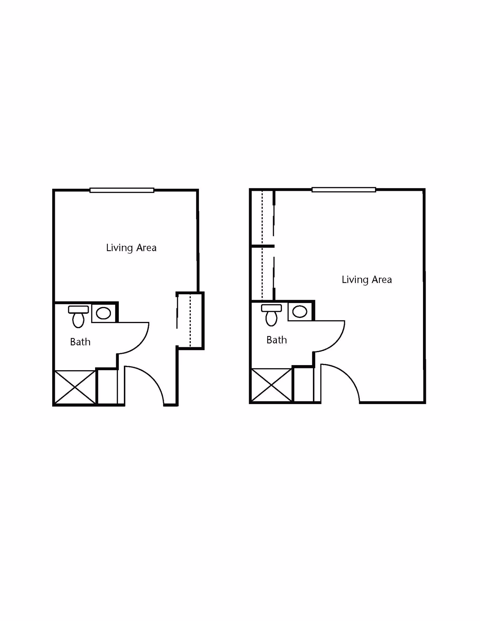 Two black and white architectural floor plans side by side, each showing a living area and a bathroom with a toilet, sink, and shower. Both layouts have an entrance door and closet space.