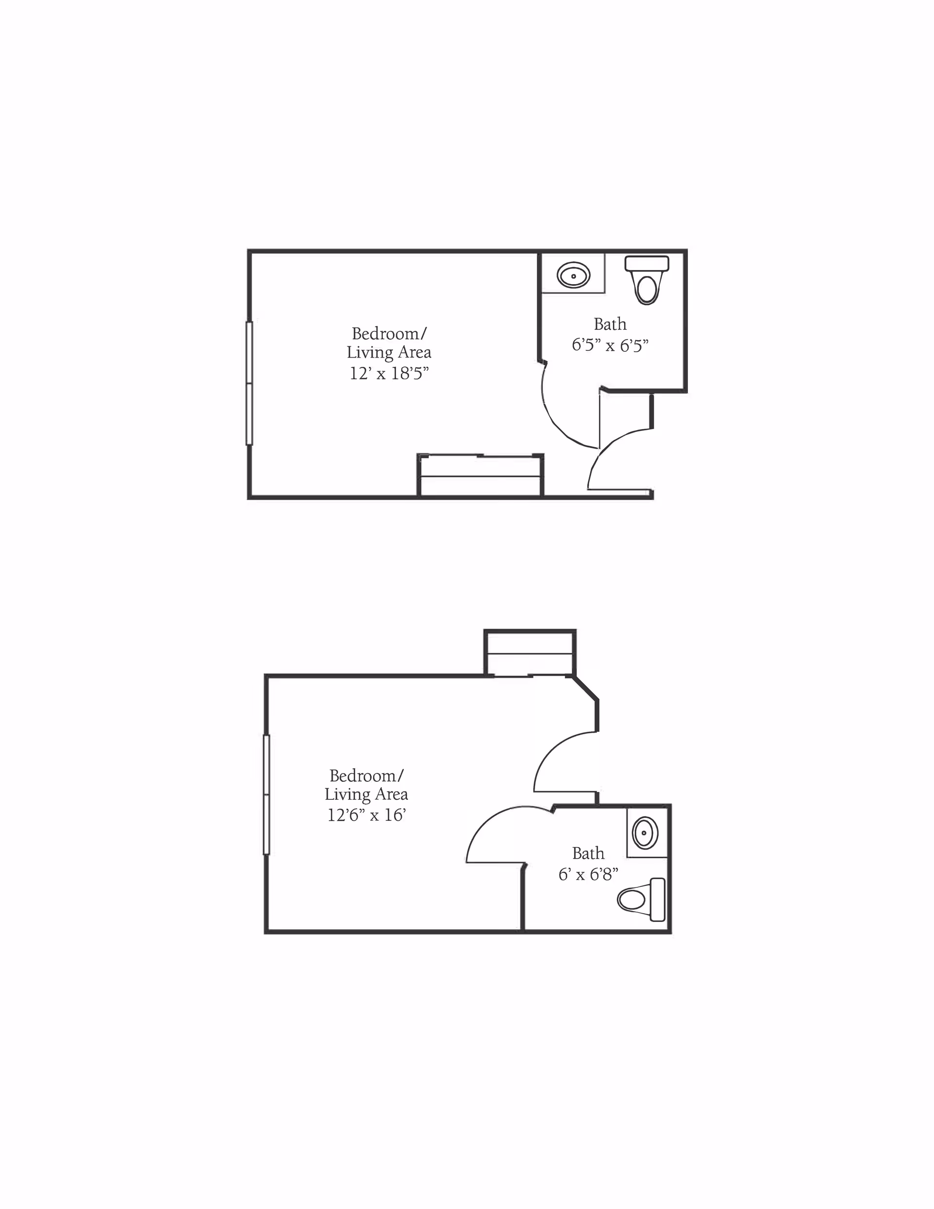 Two architectural floor plans showing layouts of studio apartments with combined bedroom/living areas and attached bathrooms. The top floor plan features a bedroom/living area measuring 12 feet by 18 feet 5 inches and a bathroom measuring 6 feet 5 inches by 6 feet 5 inches. The bottom floor plan features a bedroom/living area measuring 12 feet 6 inches by 16 feet and a bathroom measuring 6 feet by 6 feet 8 inches.