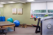 A physical therapy or exercise room with exercise balls, a padded therapy table, step platforms, and exercise equipment near a window with a view of greenery outside. The walls are light green with two framed artworks hanging.