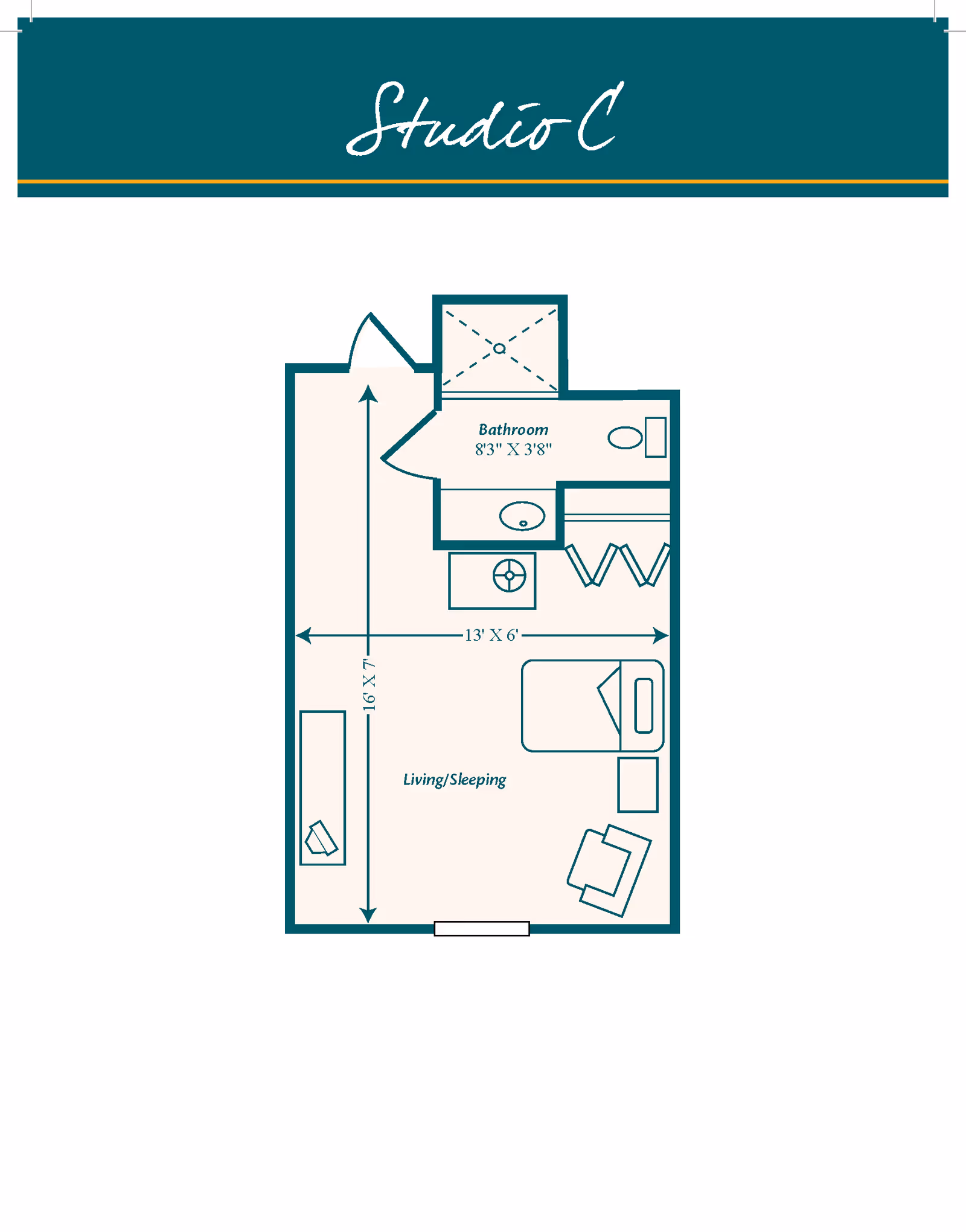 Floor plan labeled Studio C showing a living/sleeping area measuring 16 feet 7 inches by 13 feet 6 inches, and a bathroom measuring 8 feet 3 inches by 3 feet 8 inches. The layout includes a bed, chair, nightstand, closet, sink, and toilet.