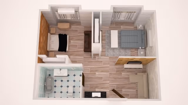 3D floor plan of a small apartment with two bedrooms, one bathroom, and a living area. The left bedroom has a bed with a black blanket and two nightstands. The right bedroom has a bed with a gray blanket, two nightstands, and a dresser. The bathroom has a bathtub, sink, and toilet with a checkered tile floor. The living area has a beige sectional sofa and a TV mounted on a wooden panel. The flooring throughout is wood except for the bathroom.