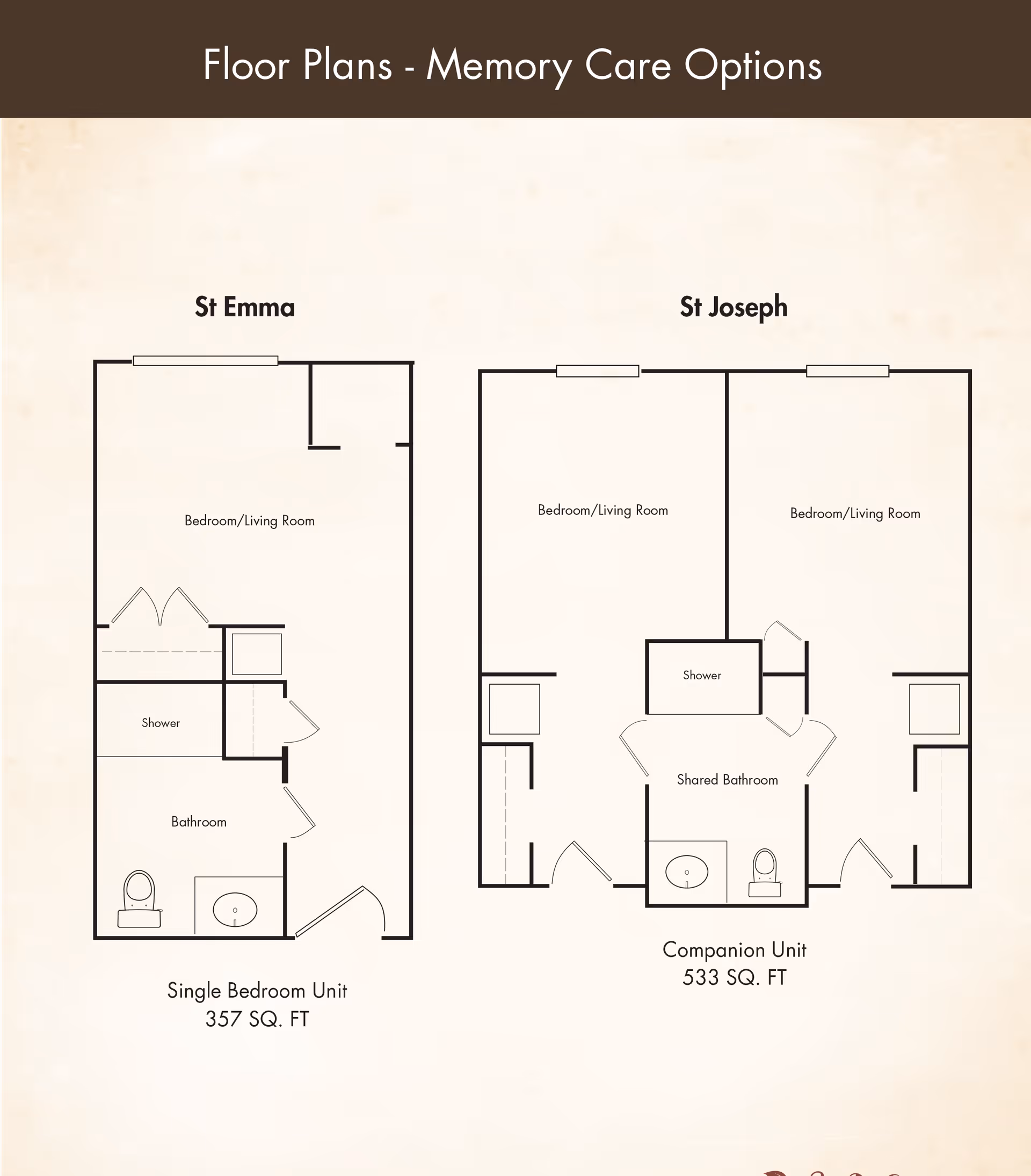 Two memory-care floor plan diagrams titled 'St Emma' (Single Bedroom Unit 357 SQ. FT) and 'St Joseph' (Companion Unit 533 SQ. FT) showing bedroom/living areas, showers and bathrooms.