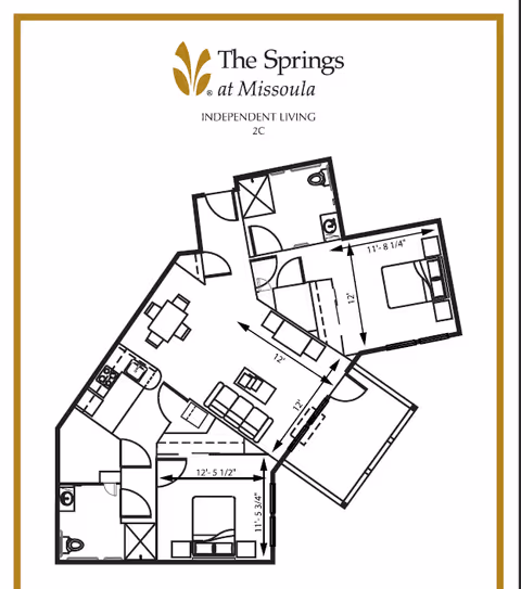 Floor plan layout of an independent living unit at The Springs at Missoula, showing two bedrooms, a living room, kitchen, dining area, and bathrooms with dimensions.