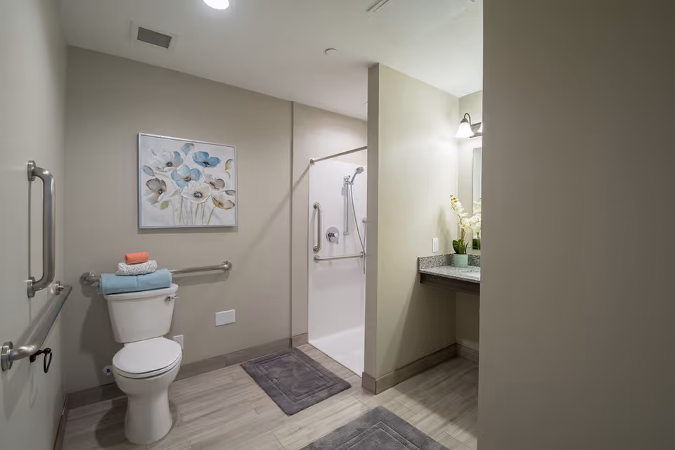 A clean and accessible bathroom with a toilet, grab bars on the walls, a walk-in shower with a handheld showerhead, and a vanity with a granite countertop and a mirror. Towels are neatly stacked on the toilet tank, and a floral painting hangs on the wall above the toilet.