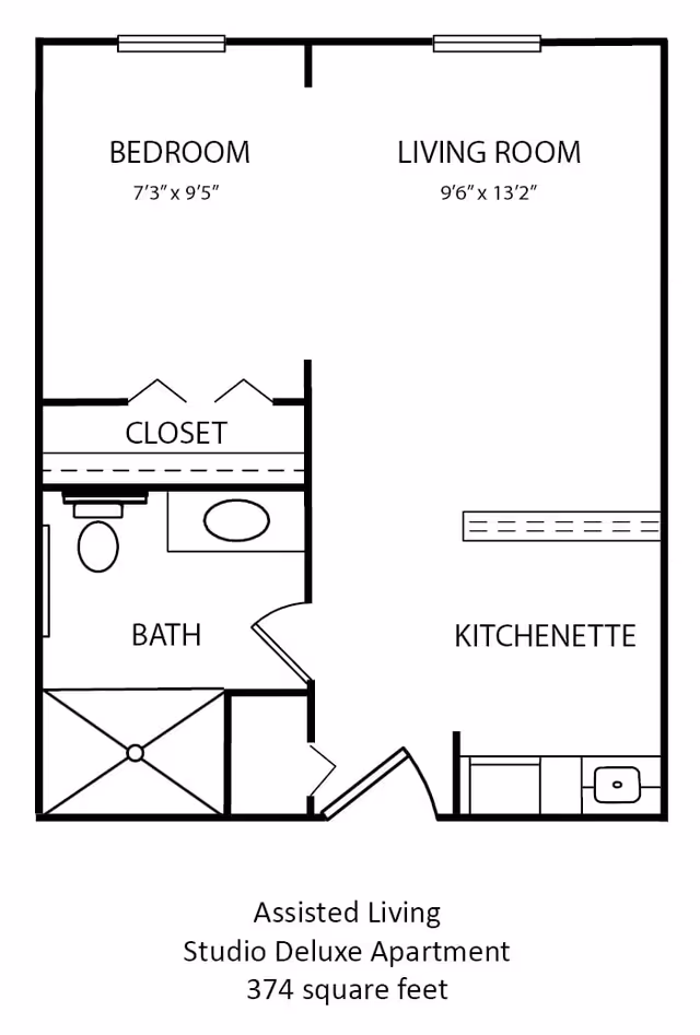 Floor plan of an assisted living studio deluxe apartment with a bedroom, living room, closet, bathroom, and kitchenette, totaling 374 square feet.