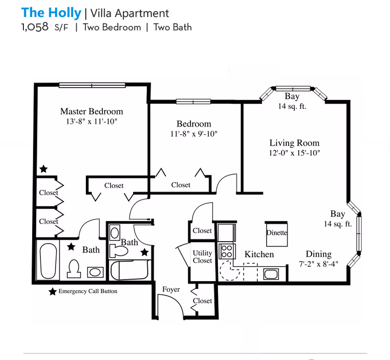 Floor plan of The Holly Villa Apartment at Evergreen Woods showing a two-bedroom, two-bath layout with a master bedroom, second bedroom, living room with bay windows, dining area, kitchen, foyer, multiple closets, and utility closet. Emergency call buttons are marked in the bedrooms and bathrooms.