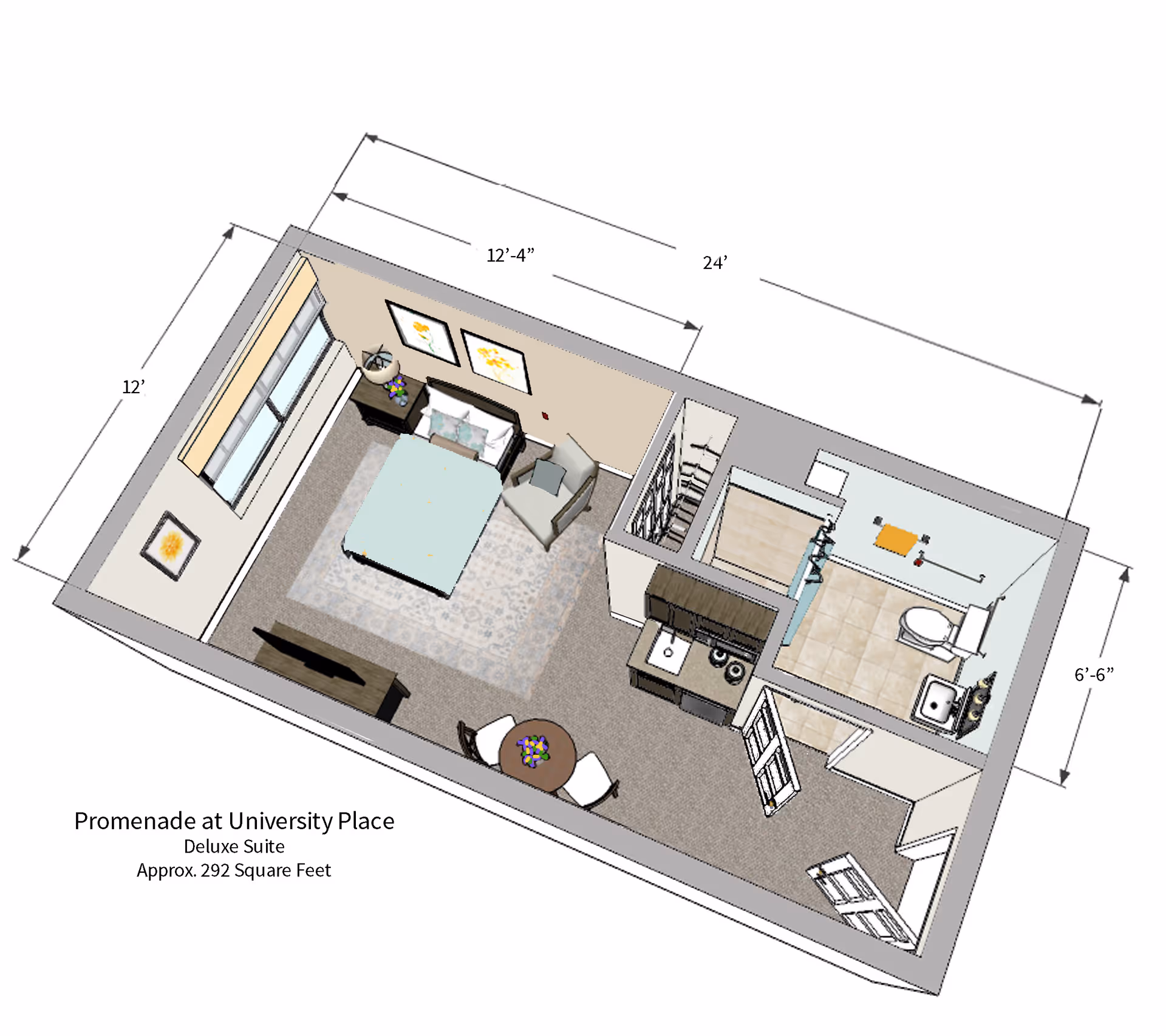 3D floor plan of a deluxe suite at Promenade at University Place, approximately 292 square feet. The layout includes a bedroom area with a bed, nightstand, chair, and TV, a small dining table with two chairs, a kitchenette with a sink and cabinets, and a bathroom with a toilet, sink, and shower. Dimensions of the suite are 24 feet by 12 feet with a bathroom area of 6 feet 6 inches.