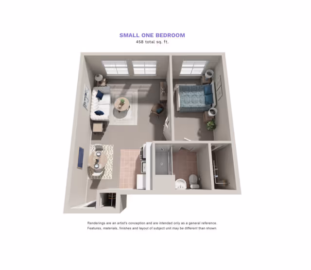 3D floor plan of a small one-bedroom apartment with a total area of 458 square feet. The layout includes a living room with a sofa, coffee table, and side tables, a dining area with a small table and two chairs, a kitchen with appliances, a bedroom with a bed and nightstands, and a bathroom with a shower, toilet, and sink.