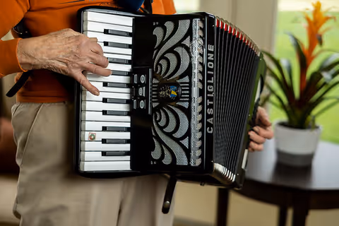 Close-up of an elderly person playing a black and white Castiglione accordion indoors, with a table and a potted plant in the background.