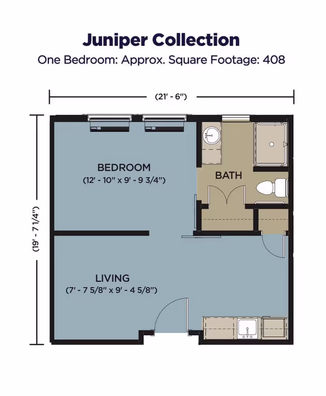 Floor plan of the Juniper Collection one-bedroom apartment at Thrive at Augusta, showing a bedroom, living area, bathroom, and kitchenette with approximate dimensions and total square footage of 408.